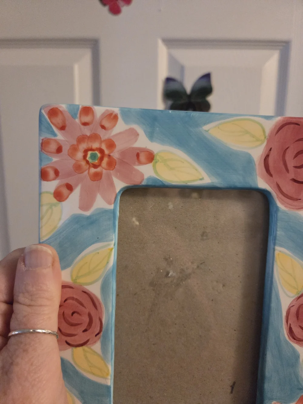 Eclectic Hand-Painted Floral Frame in Blue, Pink Flowers Boho